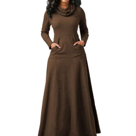 Plus Size Autumn Women Solid Color Cowl Neck Long Sleeve Maxi Dress with Pockets