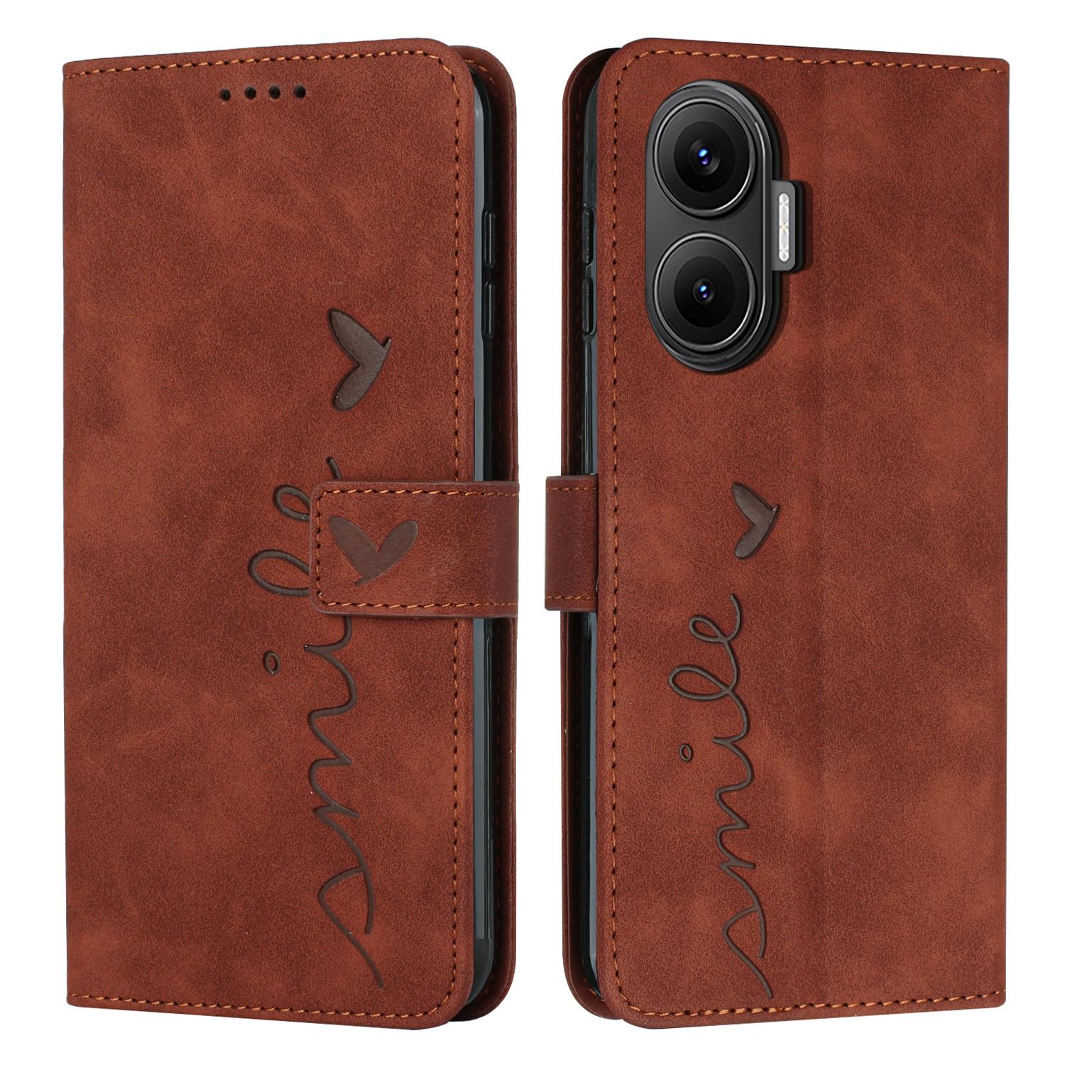 

For Xiaomi Redmi Turbo 4 Pro 5G/Xiaomi Poco F7 5G Stand Case PU Leather Phone Cover Imprinted Heart Pattern Brown
