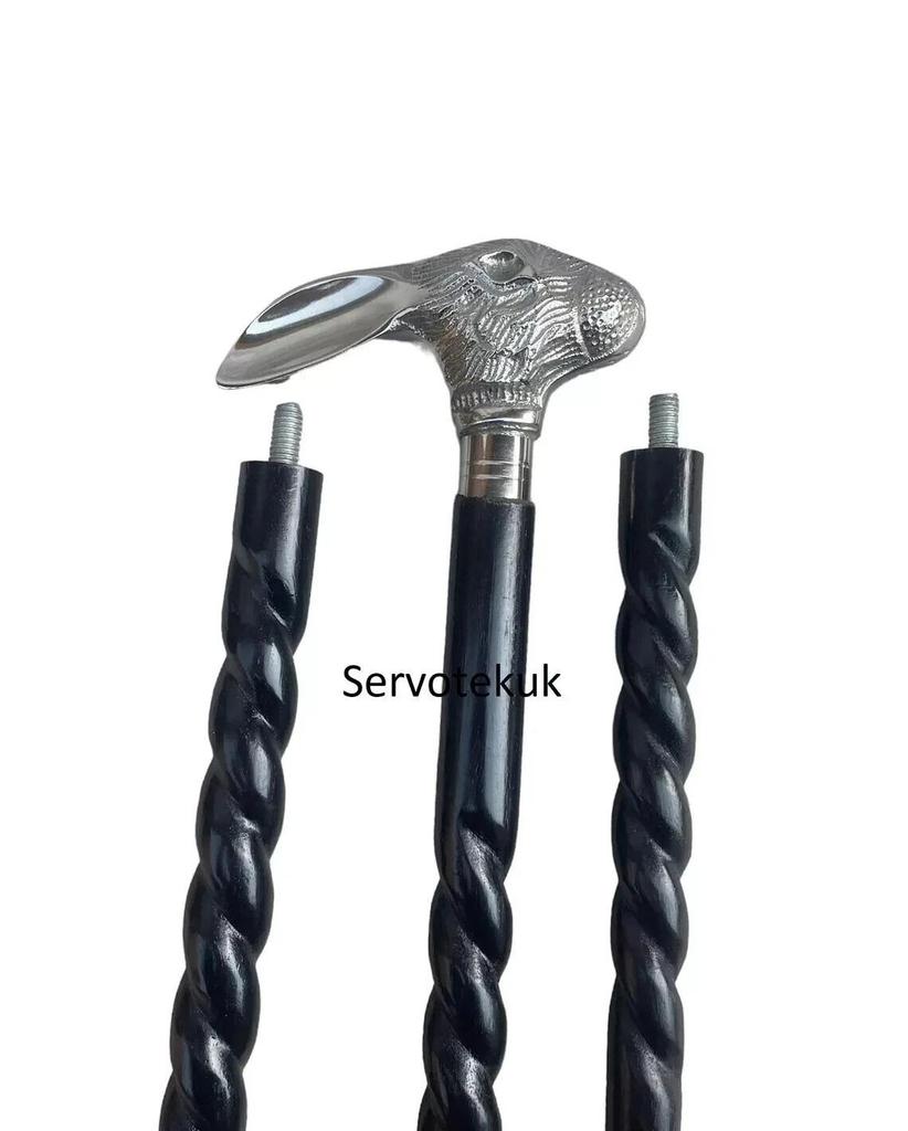 Handcrafted Solid Silver Brass Rabbit Handle Walking Stick with Black Polished