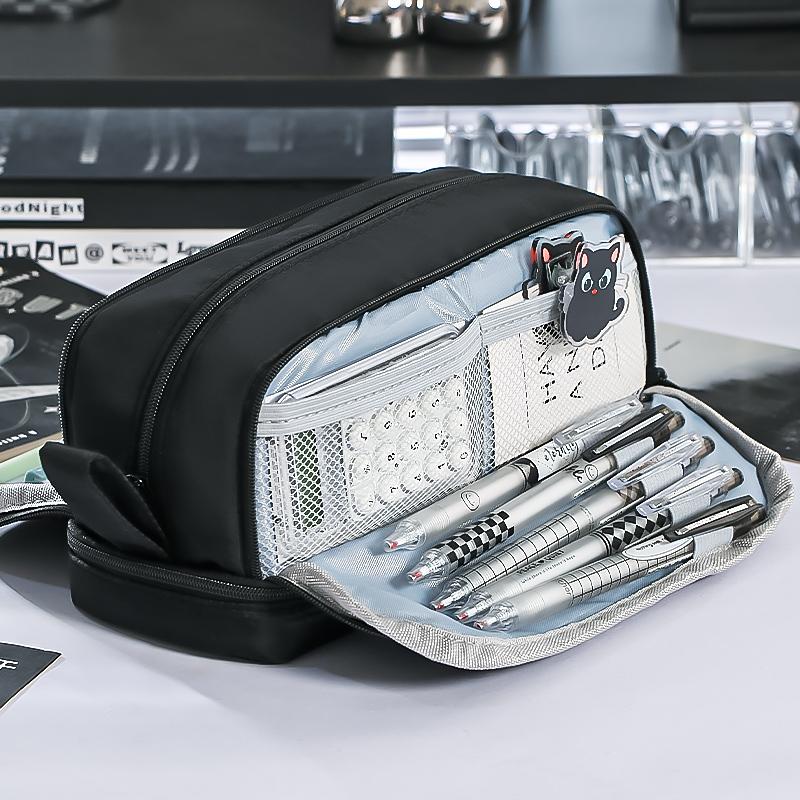 1pcs Dual-side Open Pen Bag Pencil Case 4 Compartments With Zipper & Portable Handle Storage Pouch for Stationery