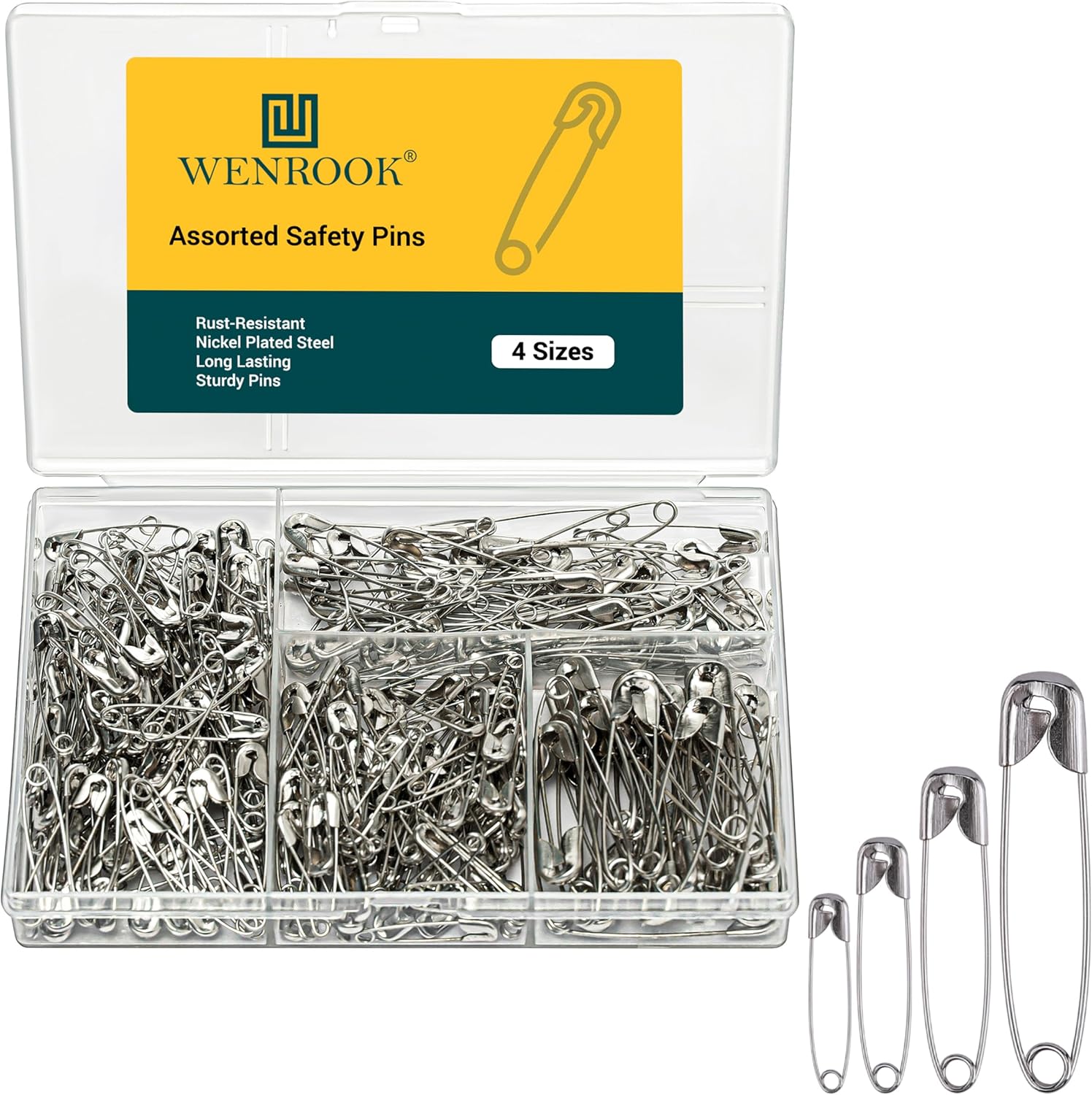 

300 Pack Safety Pins Assorted, 4 Different Sizes, Strong Nickel Plated Steel, Safety Pins for Clothes, Crafts, Pinning and More