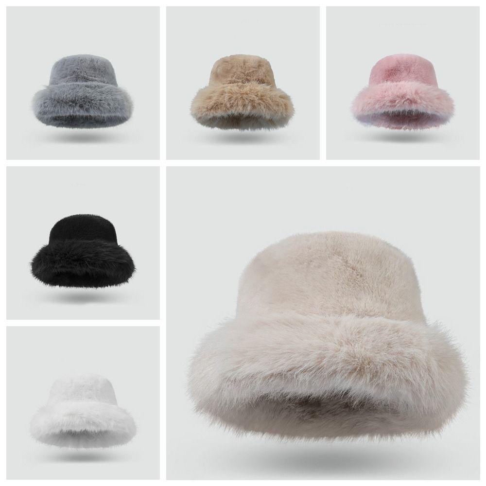 Imitation Fur Plush Bucket Hat Warm Winter Cap Retro Artificial Fur Hat  Winter/Autumn