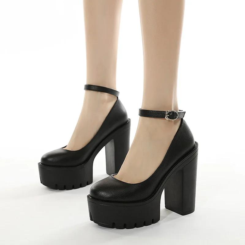2025 new spring autumn casual high-heeled shoes sexy  thick heels platform pumps Black White Size 42