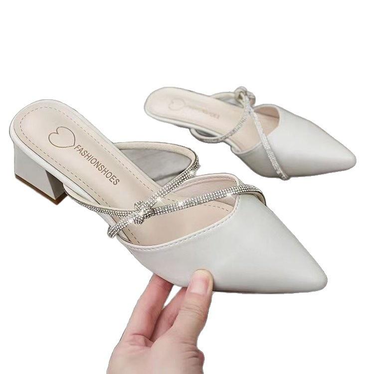 Sandały letnie z noskiem i cyrkoniami, na średnim obcasie, z zakrytymi palcami, nowe, na grubszym obcasie, codzienne i wygodne, z jednym paskiem na palce