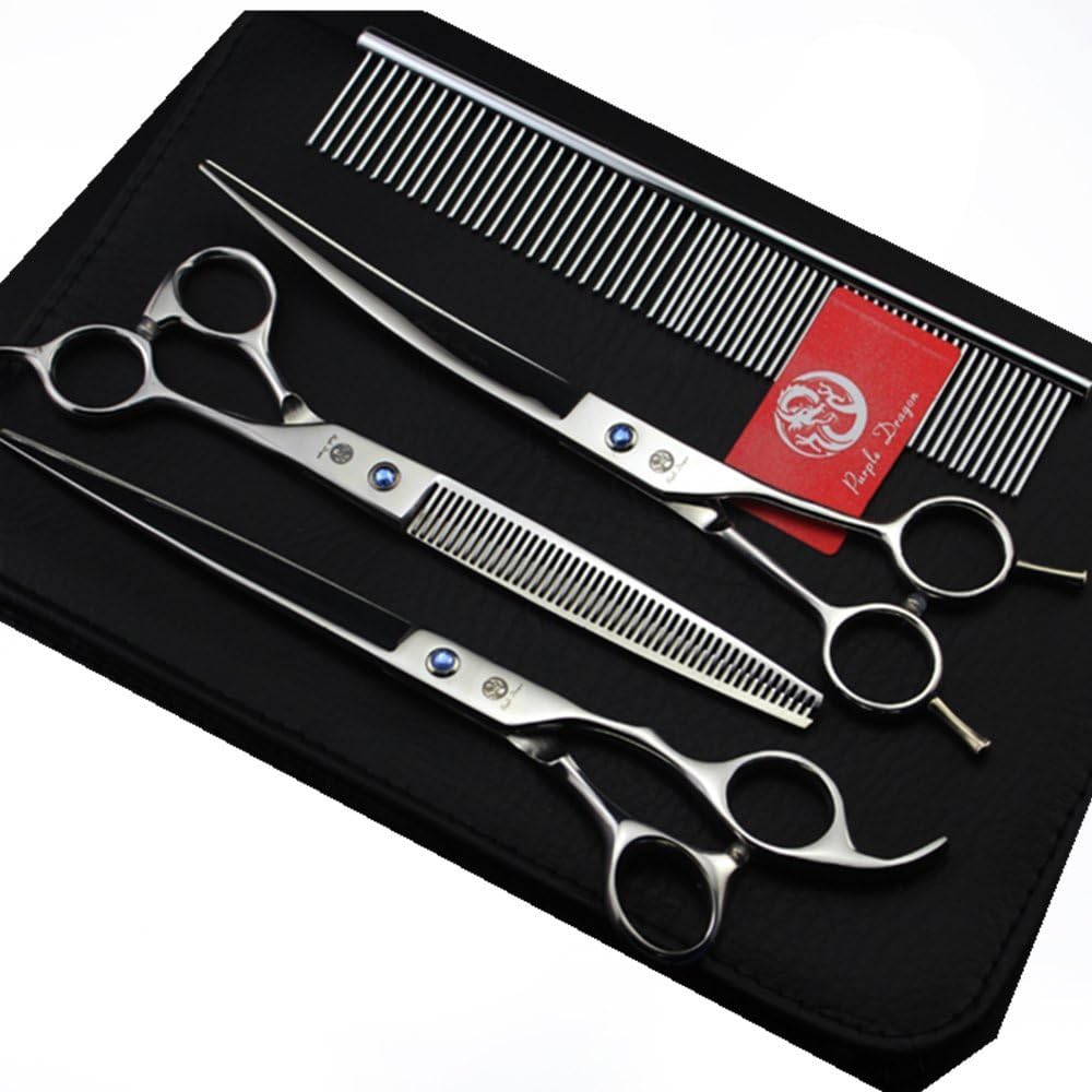 Purple Dragon 8 inch 3 in 1 Professional Pet Grooming Thinning Scissors - Upward Curved Shears and Dog Hair Cutting Scissor - Perfect for Pet Groomer