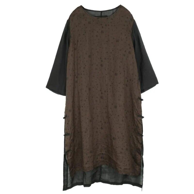 

Johnature женские винтажные платья высокого качества с круглым вырезом и семью рукавами, весенние халаты, лоскутные свободные женские платья One Size кофейный