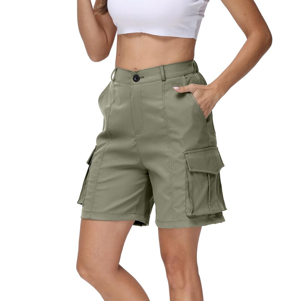 Bermuda Shorts For Women Cargo Shorts Knee Length 6 Pockets Elastic Waist Long Shorts For Summer Casual