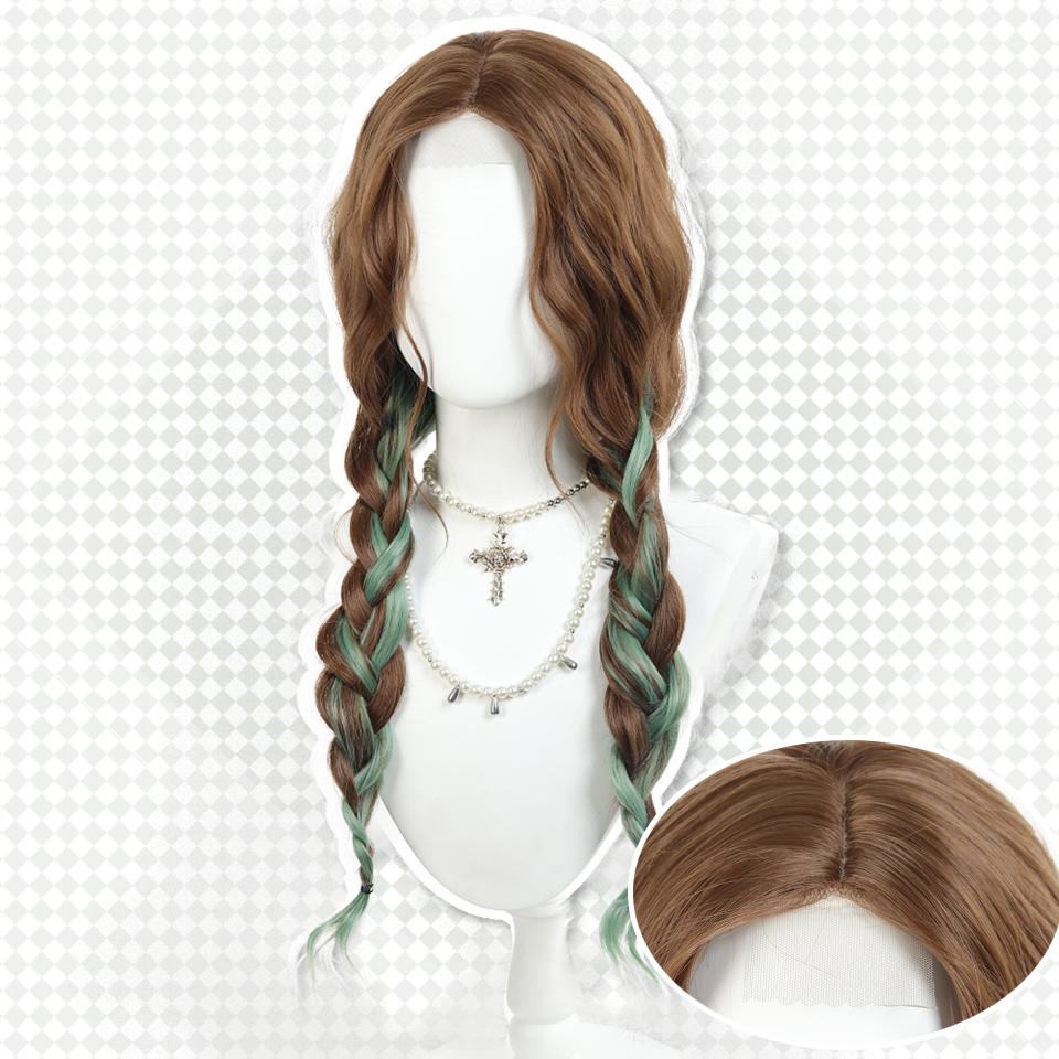Forehead Lace Style Synthetic Long Curly Wig Ladies Wig Highlights Green Long Wavy Curly Wig Suitable for Holiday Daily Wear