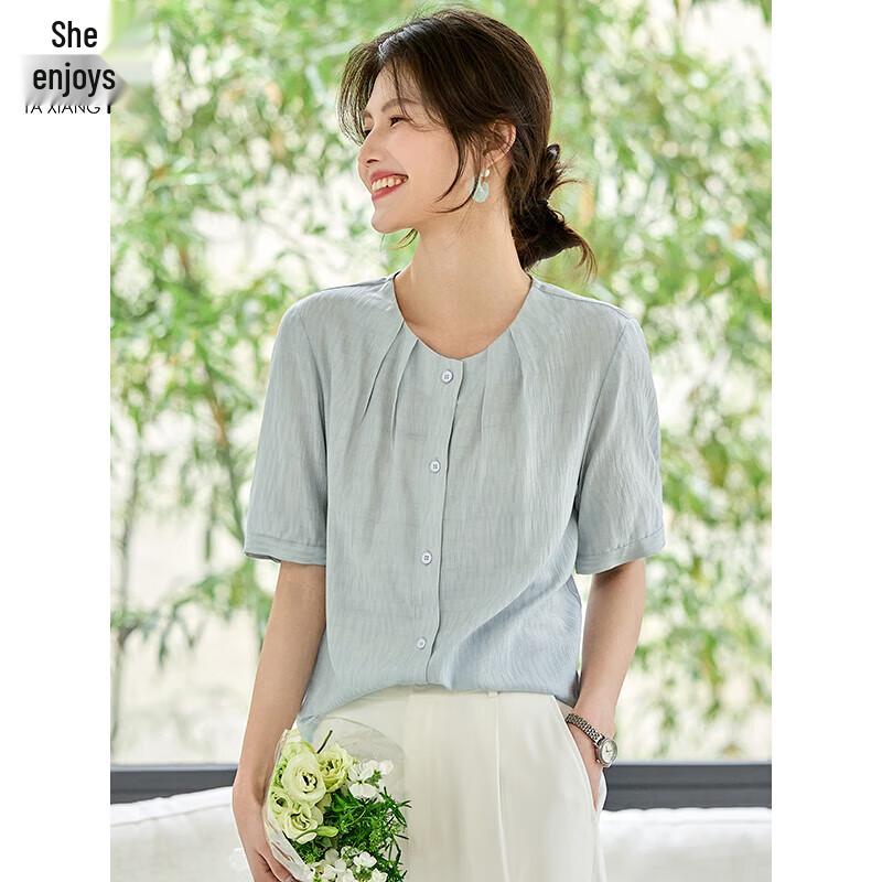 Women s Round Neck Pleated Short Sleeve Blouse M