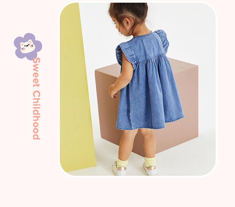 Little Maven Girls' Cartoon Appliqué Denim Dress - Short Sleeve Summer Style