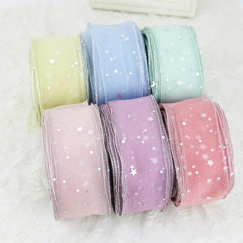4.5mx5cm Silver Stars Silk Organza Ribbon Bow Material for Hair Print Flower Decoration Handmade DIY Lace Ribbons