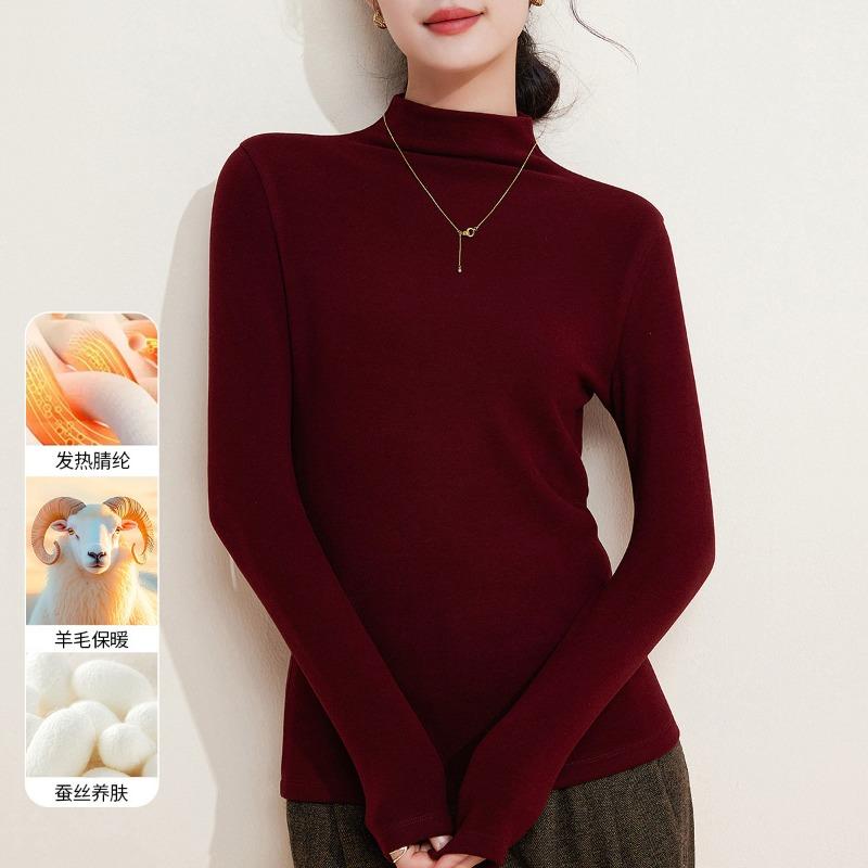 Wool silk velvet semi-turtleneck bottoming shirt autumn clothes women's thickened warm inner middle collar top women's winter