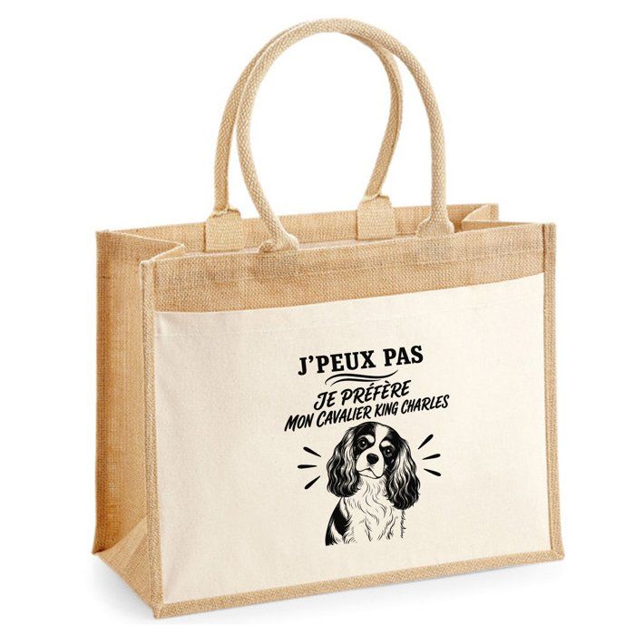 Sac Cabas - PLANETEE - J’peux pas je préfère mon Cavalier King Charles - Toile de jute et coton - Beige - 21 L