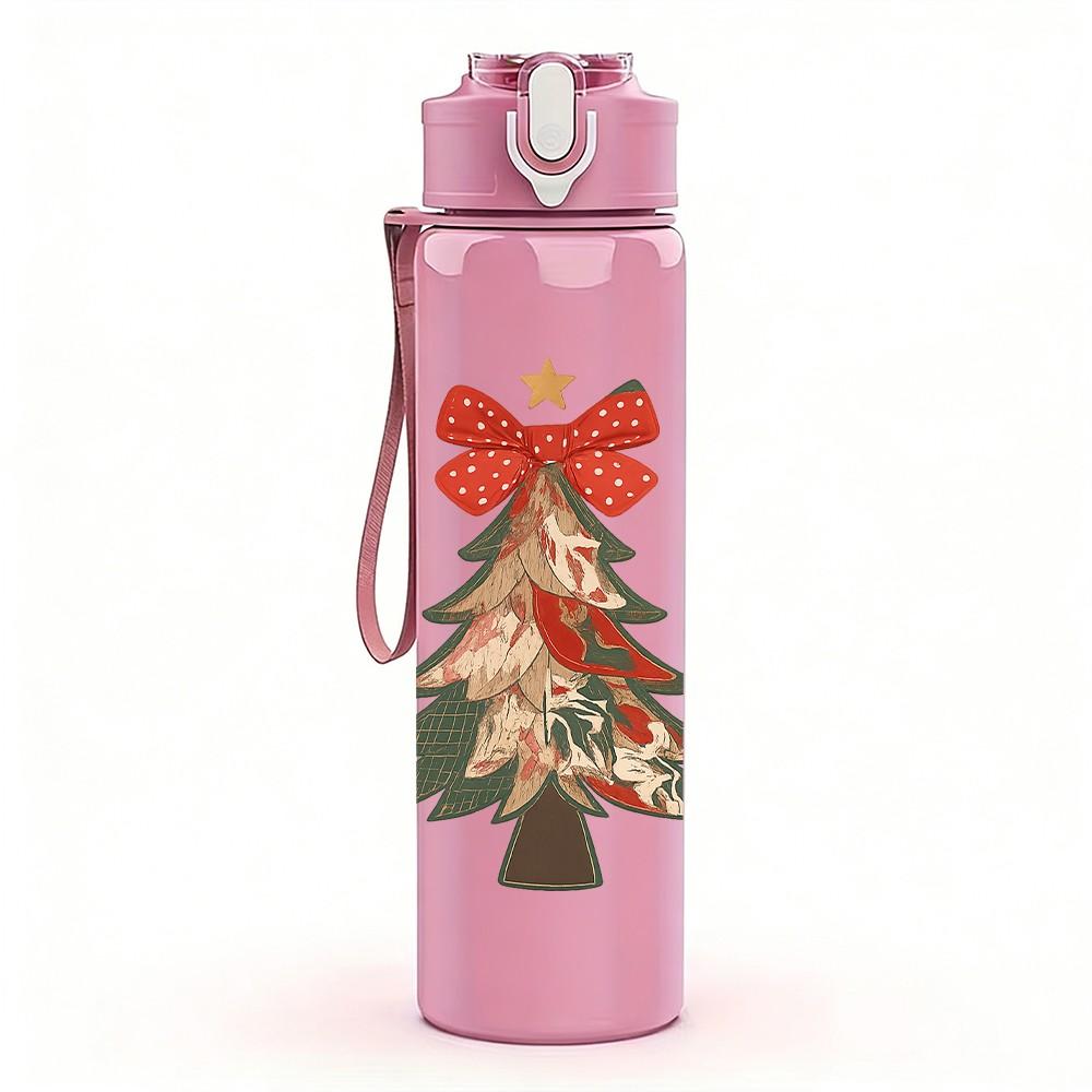 1PC Classic Christmas Tree Bow 750ml Color Plastic Sports Water Bottle Leakproof Flip Straw Lid Suitable for Sports Office Home Use