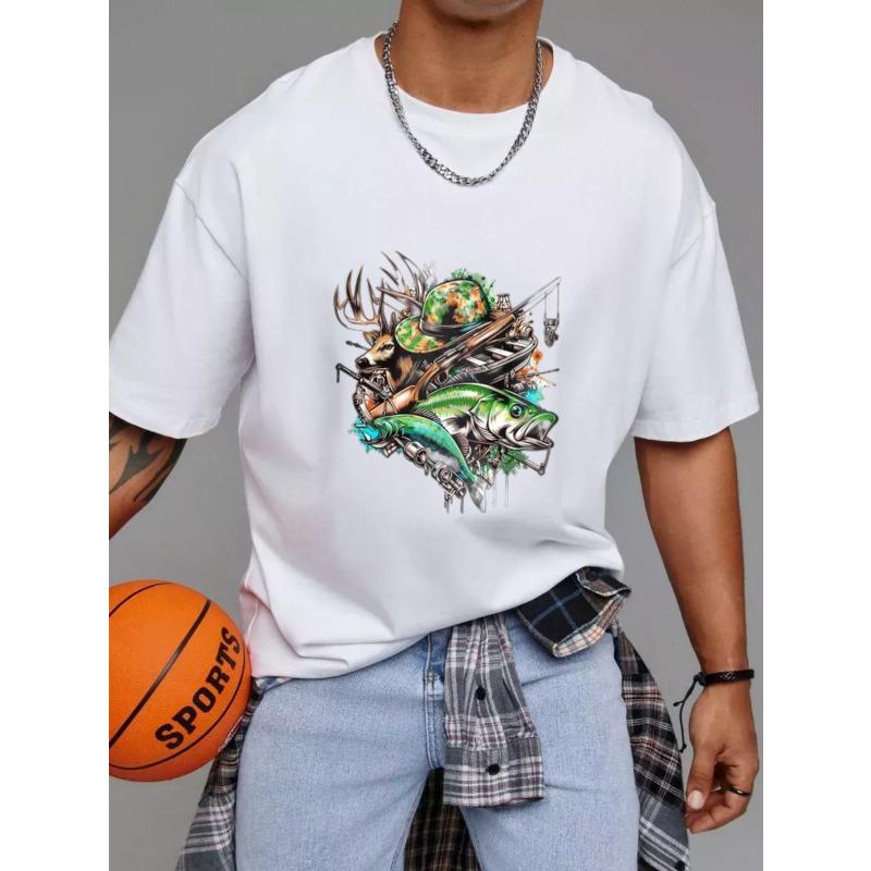 Men's Short Sleeve T-Shirt White Hunting and Fishing Graphic Design Outdoor Adventure Casual Wear
