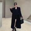 Damen Schwarzer Langer Gepolsterter Blazer Mantel Herbst Winter Hochwertige Textur Locker Geschnitten Schultern Temperament Dicke Anzugjacke