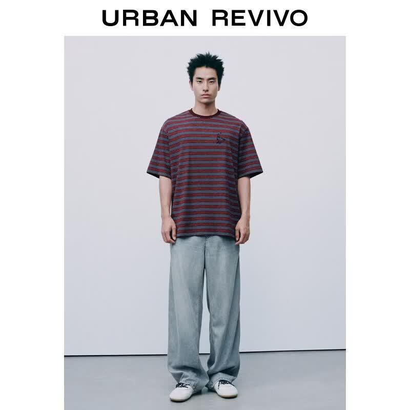 UR Men s Casual Short-Sleeve Color-Block Stripe Embroidered T-Shirt XL