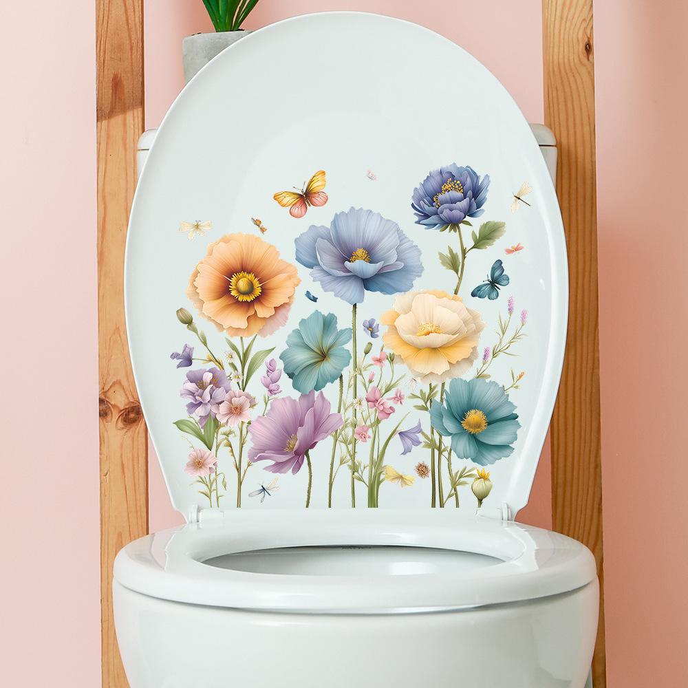 Fresh Cottage Style Floral and Butterfly Bathroom Wall Sticker Home Decor Removable Self-Adhesive Decal