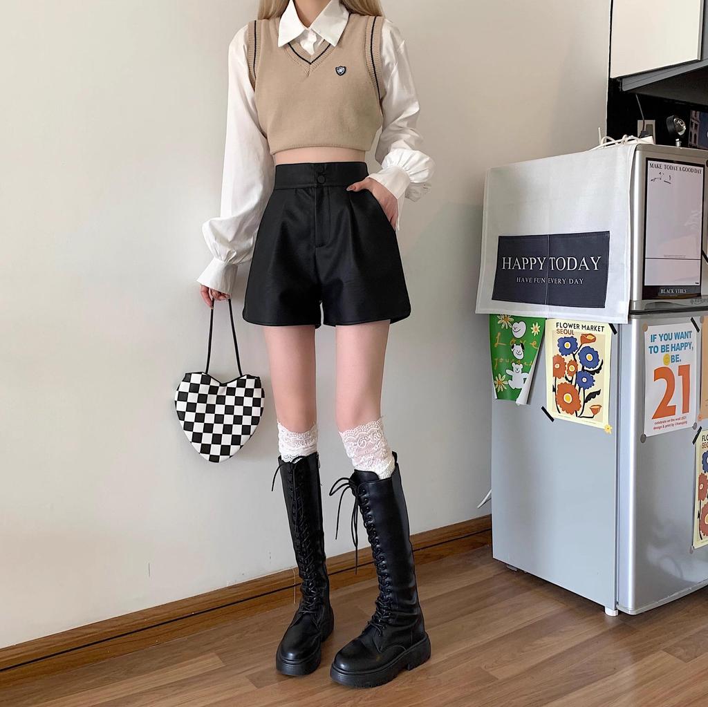 Women's High-Waist PU Leather Shorts, Autumn/Winter 2024, Slim A-Line Brown Wide-Leg Pants, Suitable for Outerwear or Boots.
