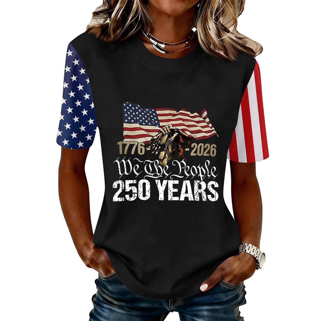 Blusa Feminina da Moda Casual de Manga Curta com Estampa e Gola Redonda