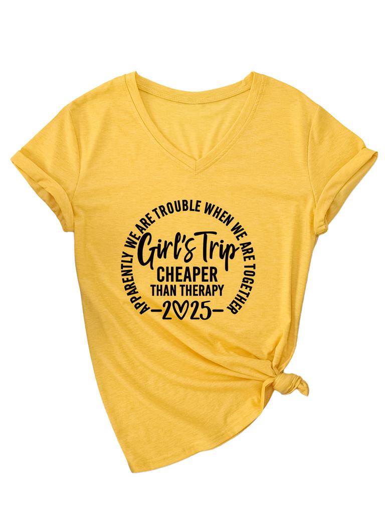 Inspirational Text Printed Top Loose Casual Simple V-neck Short Sleeved Women's T-shirts