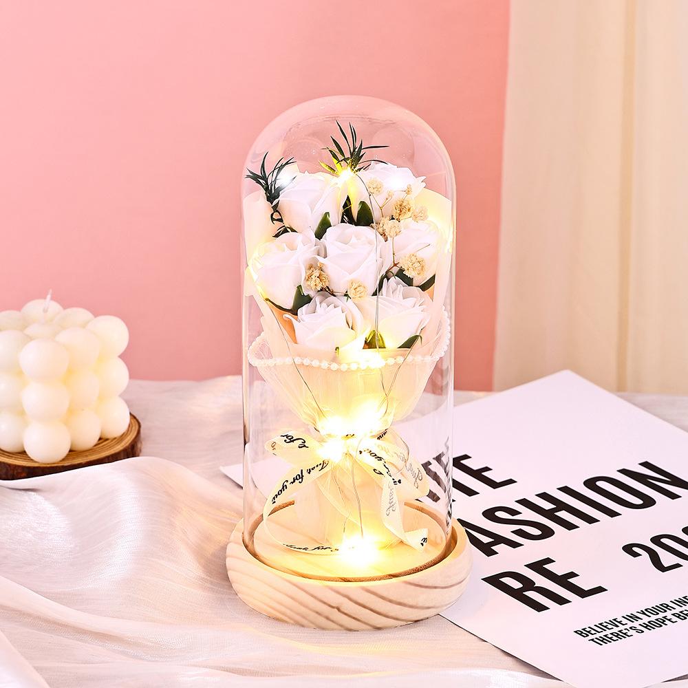 Qixi Festival Valentine's Day Gift Log Base Immortal Rose Glass Cover Creative Soap Flower Gift