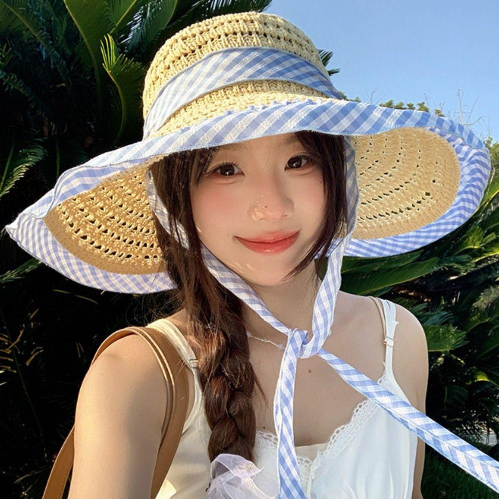 Blue Grid Woven Hat Wide Brim Fisherman Hat Fashion Sun Cap Summer