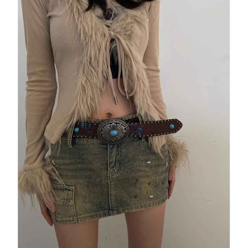 Vintage Bohemia Belt for Women Turquoise Embossed Buckle Decorative Belt Cowboy Belt for Female Cowgirl Jeans Waist Belt