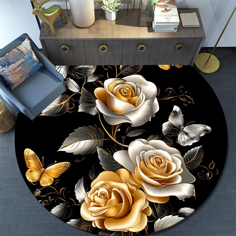 Golden Roses and Butterflies Round Area Rug,Carpet Rug for Living Room Bedroom Sofa Playroom Decor,Non-slip Floor Mat
