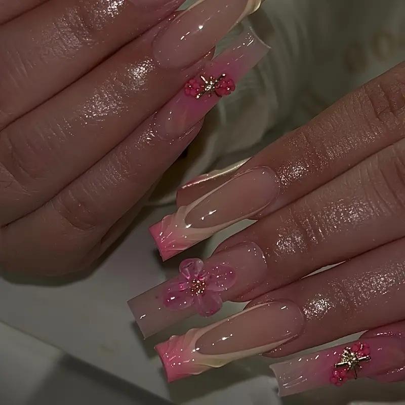 24Pcs Sweet Medium Square False Nails with Glue Blush Pink Flowers Fake Nails Full Cover French Acrylic Press On Nails for Girls