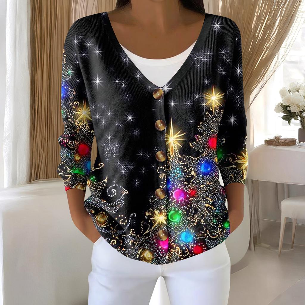 Women's Fashion Long Sleeve Christmas Snowman Snowflake Print Jacket Cardigan