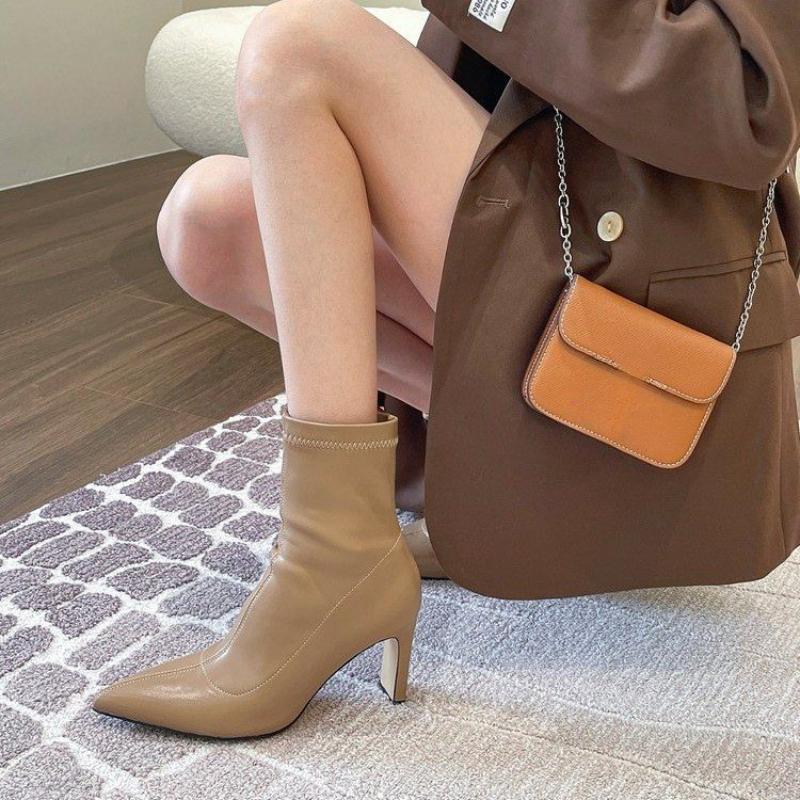 Pointed High Heel Stiletto Boots Spring and Summer Women's Soft Leather Short Boots Non-slip Banquet Party Fashion Women's Boots