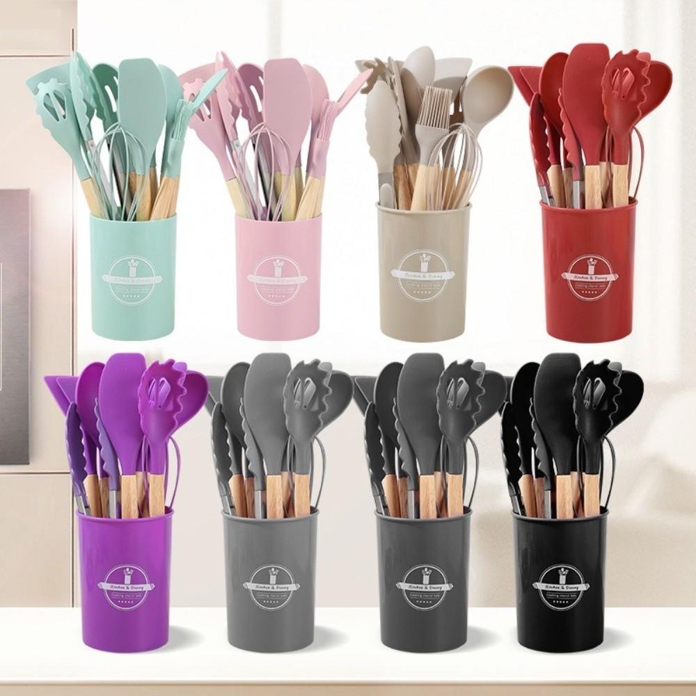 12pcs Wooden Handle Non-Stick Cookware Set Silicone Soup Spoon Baking Shovel  Kitchen Use