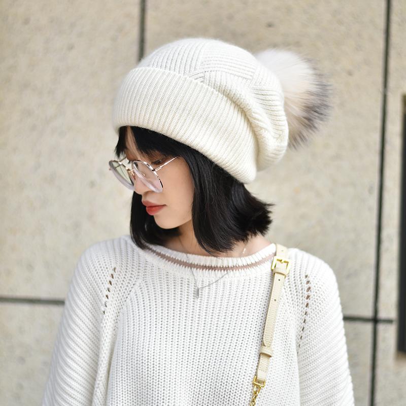 Winter Women Fur Pom Pom Knitted Beanie Hats  Warm Wool Cashmere Beanie Bobble Hat Factory