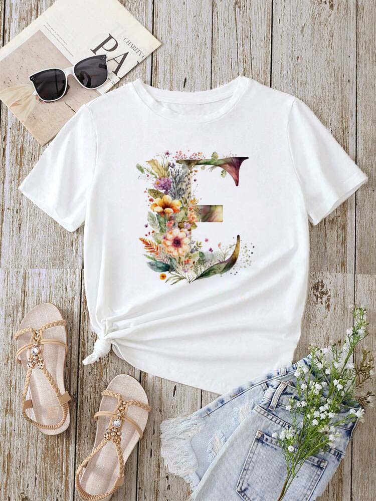 Custom Name Letter Combination Fashion Women T-shirt Floral Letter Font A B C D E F G Short Sleeve Tops White T-shirt