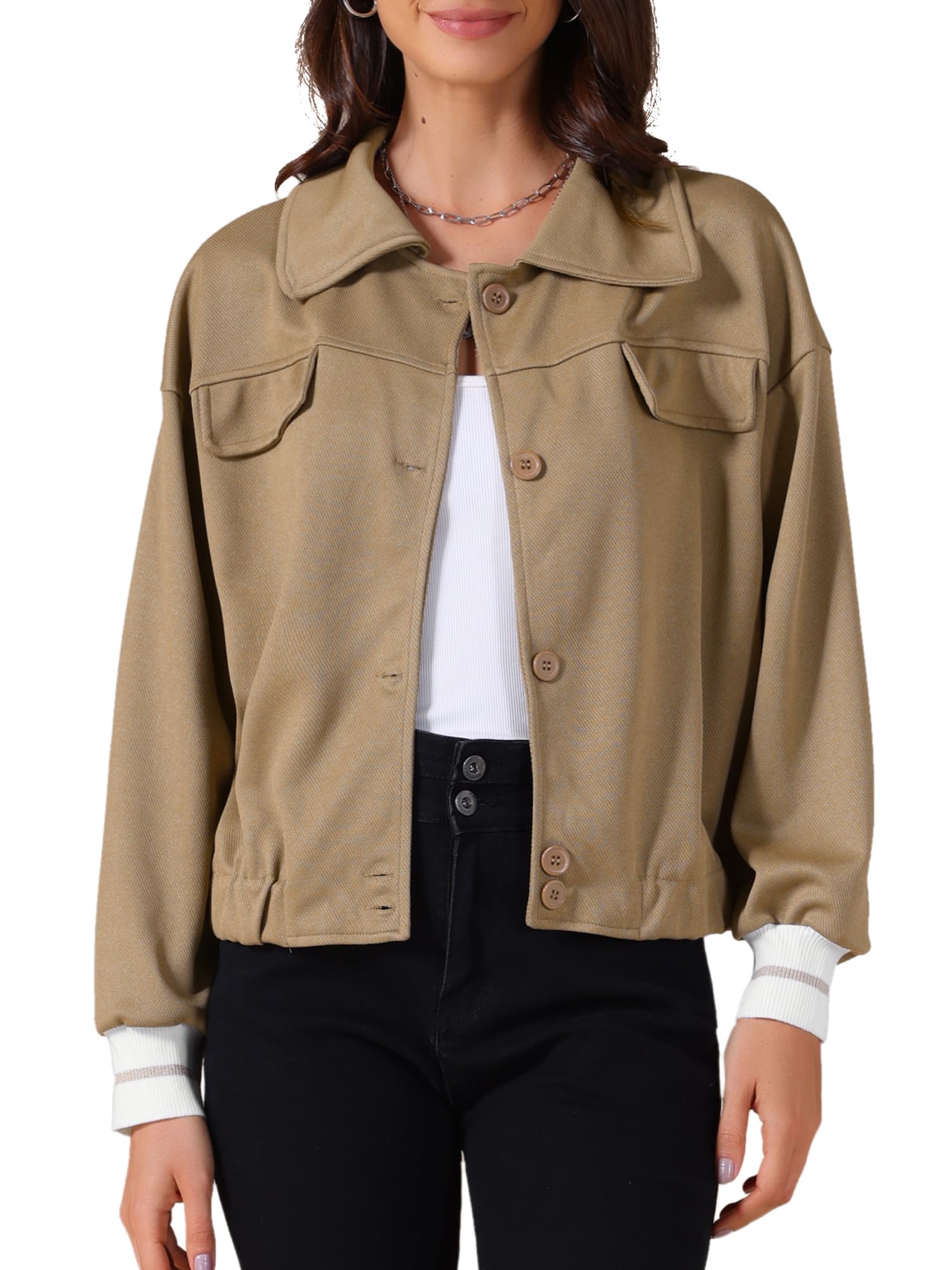 

Allegra K Women s Casual Button-Down Cropped Jacket with Colorblock Cuffs, Khaki, Size M
