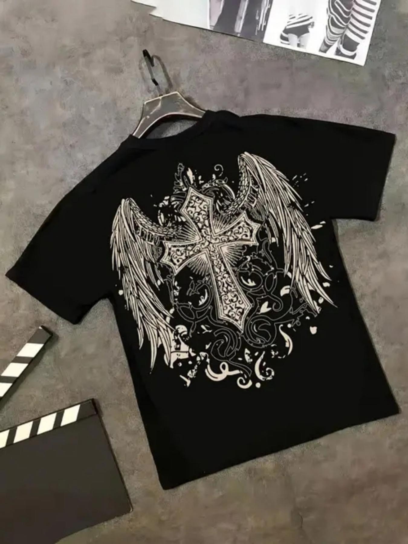 

Skeleton Demon Men S Gothic Graphic Print Short Sleeve T-Shirt- Breathable Retro Streetwear Tee with Winged Cross Design XXXL