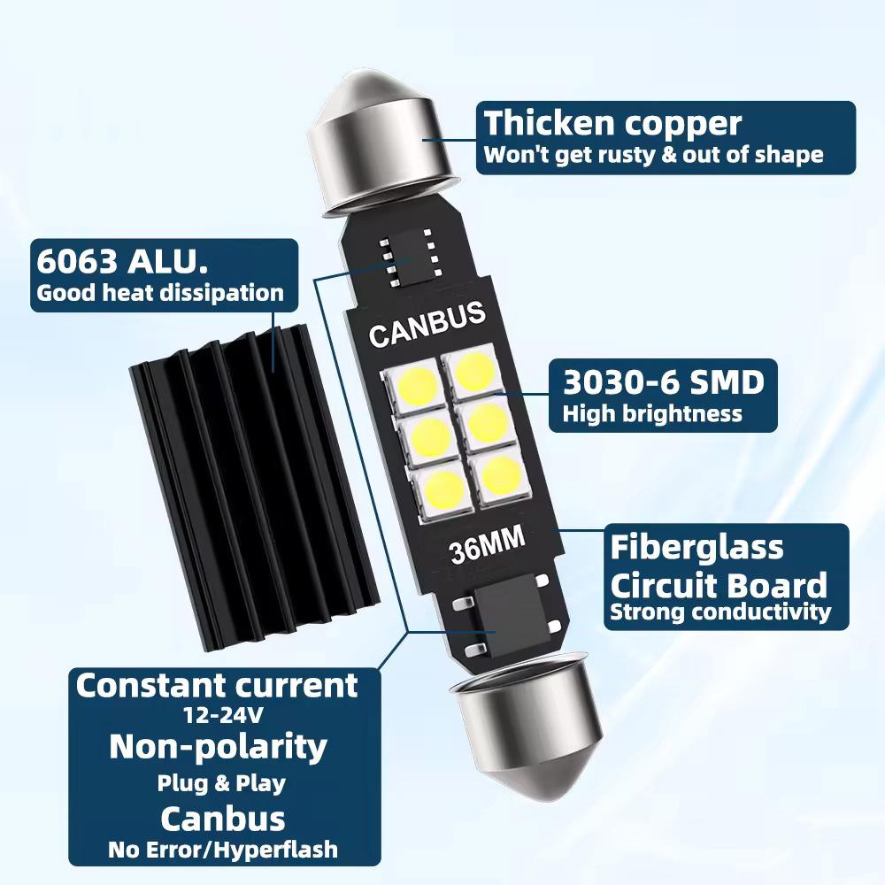 2-10 PCS 600LM Super Bright C5W LED Bulbs CANBUS Festoon 31/36/39/41MM 12V 3030-6SMD 6500K White Car Interior Dome Trunk Lights