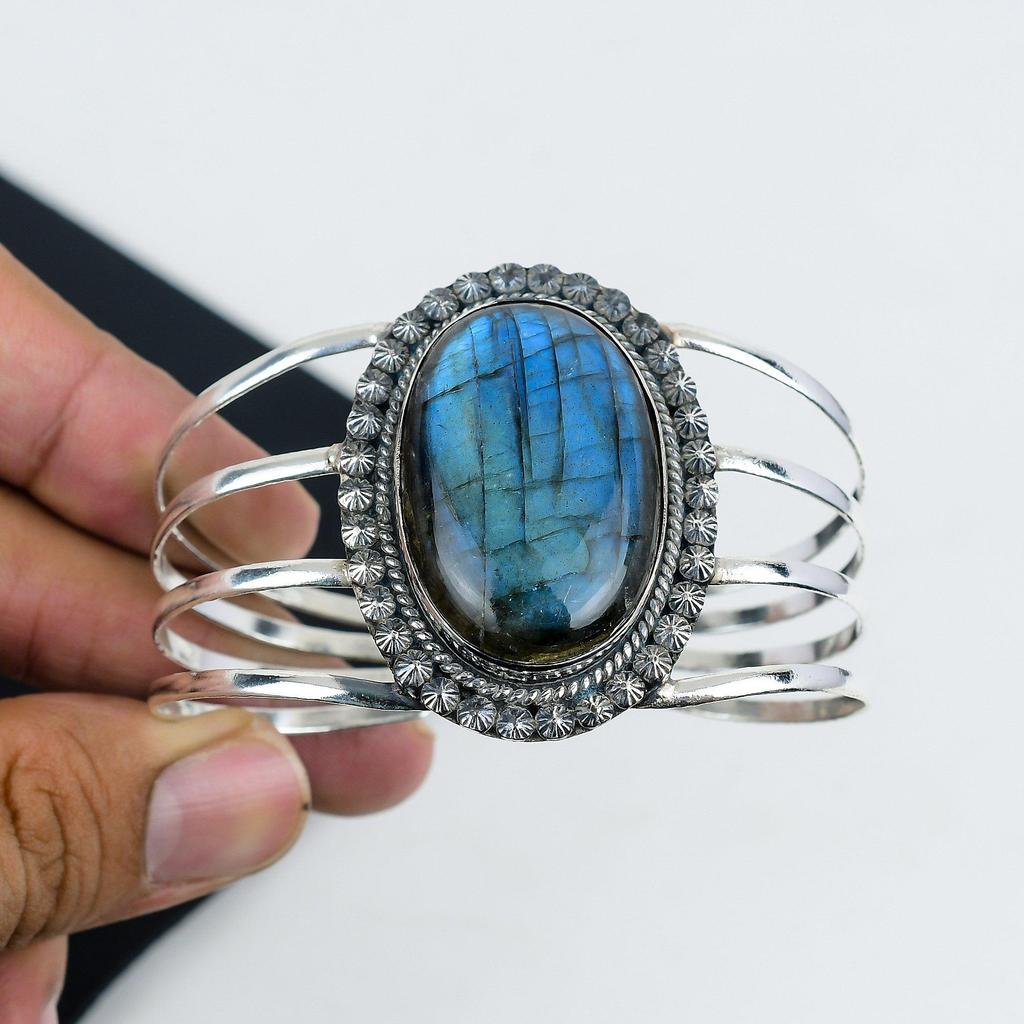 Natural Blue Flash Labradorite Gemstone Handmade 925 Sterling Silver Cuff Bangle, Blue Flash Labradorite Bangle,For Wife, Unisex Bangle, Gifts