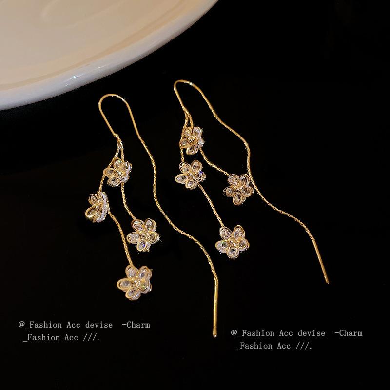 Real Gold Electroplated Zircon Flower Fringed Earrings Korean Fashion Temperament Earrings Sweet High-end Earrings Women