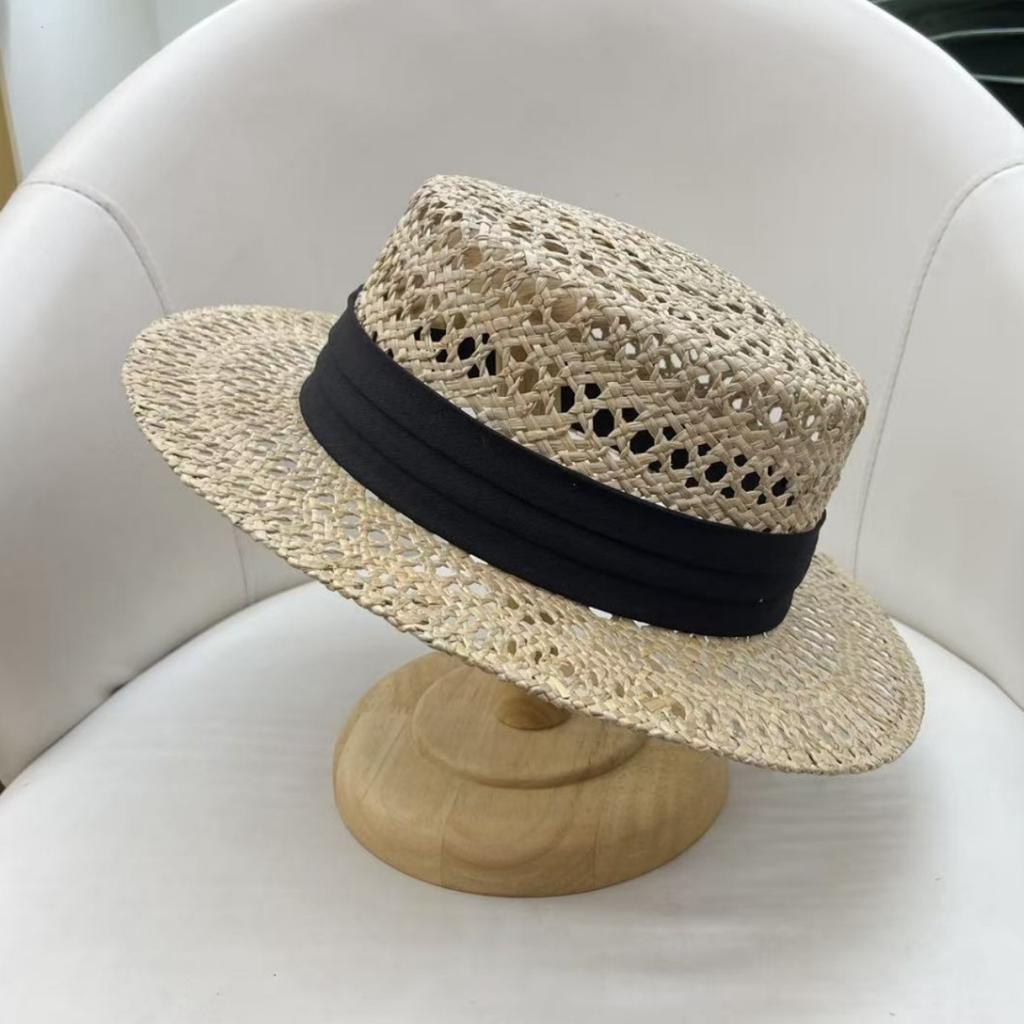 High-end Retro French Straw Hat Women's Summer Top Hat Flat Top Hollow Seaside Vacation Sunshade Sunscreen Hat