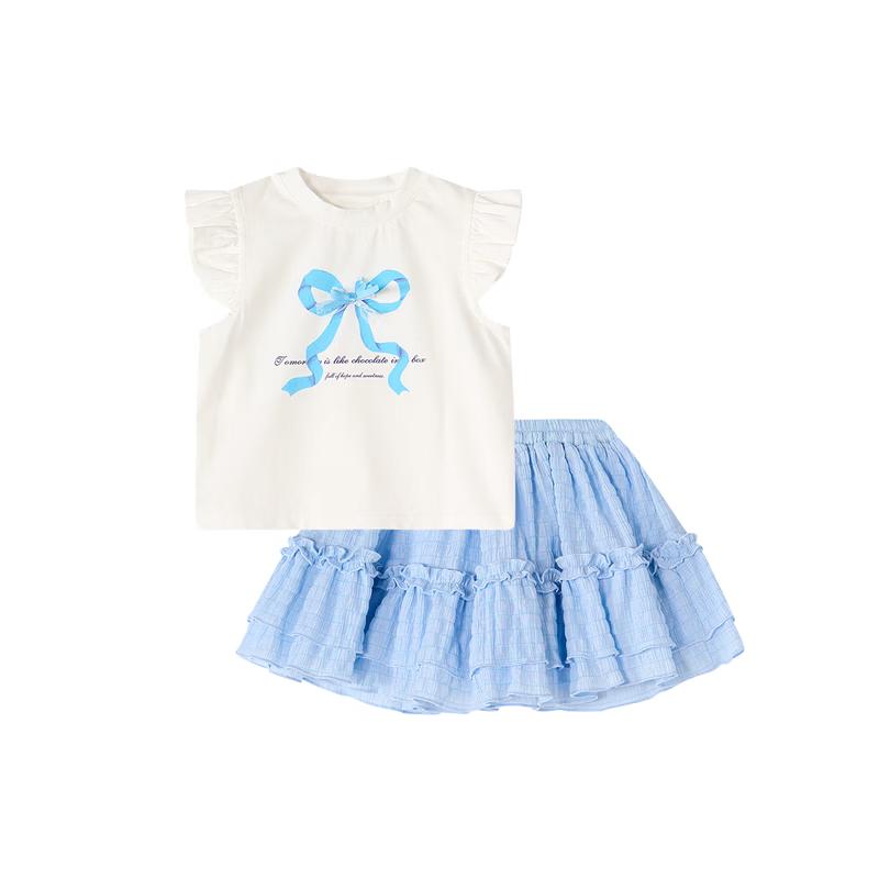 Girls  Fly Sleeve Print T-shirt  Skirt Set 110