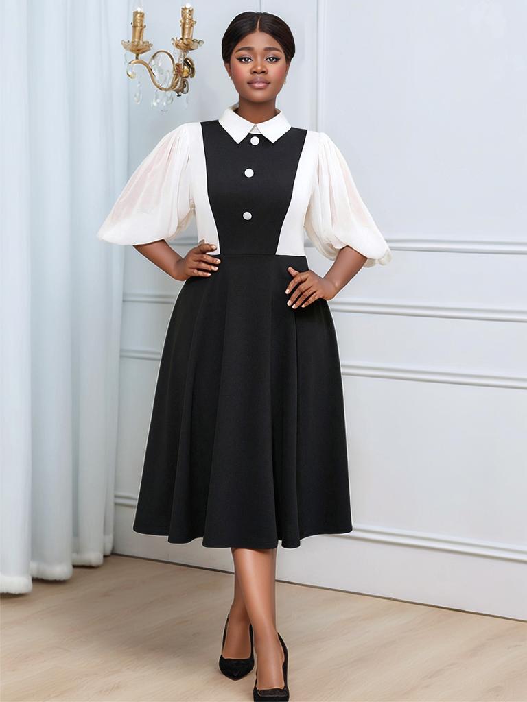 AOMEI Elegant Dresses Plus Size Lantern Sleeve High Waist Causal A Line Patchwork Turn-Down Collar Dress for Women