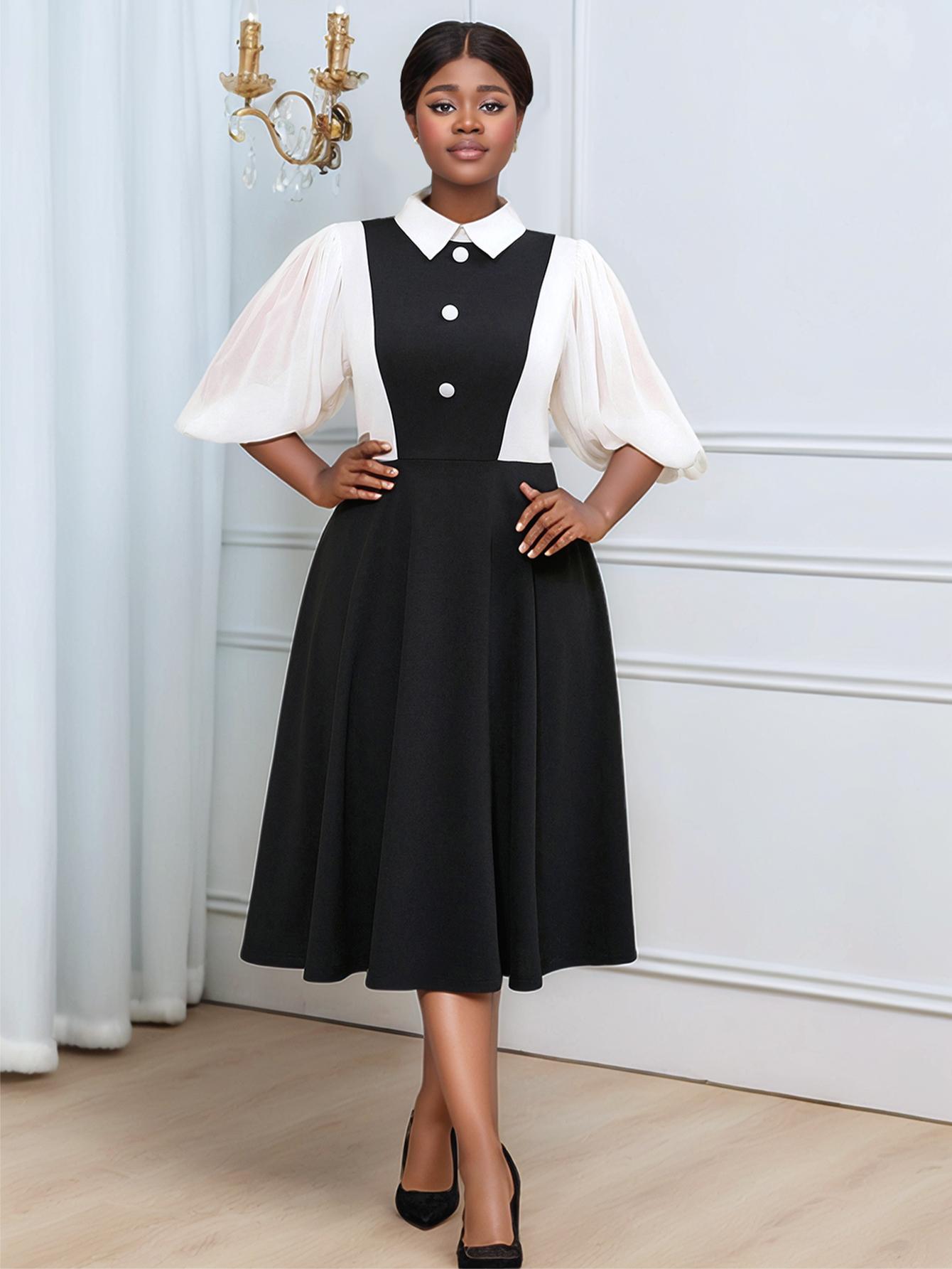 

AOMEI Elegant Dresses Plus Size Lantern Sleeve High Waist Causal A Line Patchwork Turn-Down Collar Dress for Women 2XL чёрный