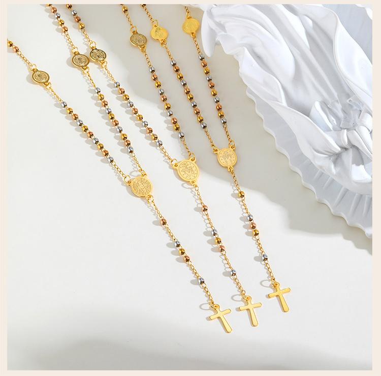 Triple Tone Beaded Rosary Cross Necklace, Stainless Steel Long Chain Crucifix Rosary Chain Y Necklace Women Religious Jewelry