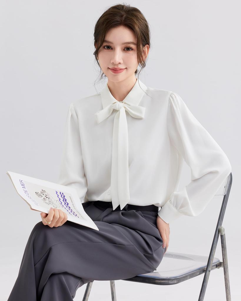 SPRING SEAON Long Sleeve Chiffon Dress Shirt with Bow Available in Plus Perfect for and Fall Women's Tie, Sizes, Slimming, Stylish, Casual,