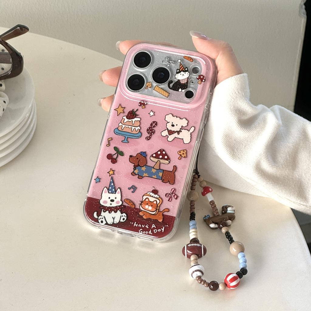 Cute Pink Animal Sparkly Cartoon with Beaded Wrist Chain Phone Case for iPhone 17 16 15 14 11 12 13 Pro Max Plus Back Cover