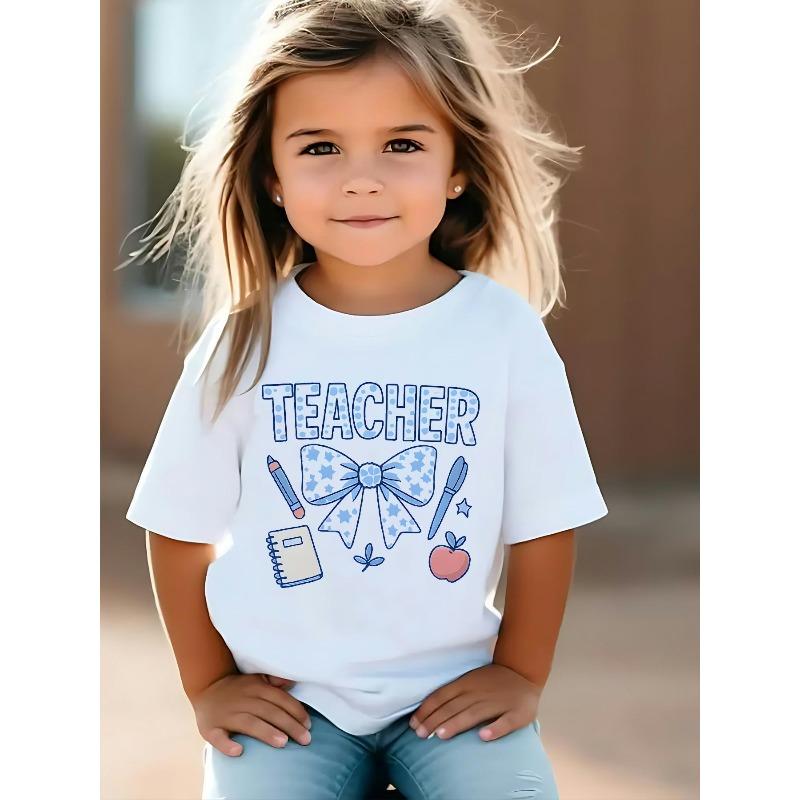 

Европейские размеры Модная и удобная футболка для девочек с ярким синим бантом, карандашом, яблоком, тетрадью и принтом учителя 98cm белый