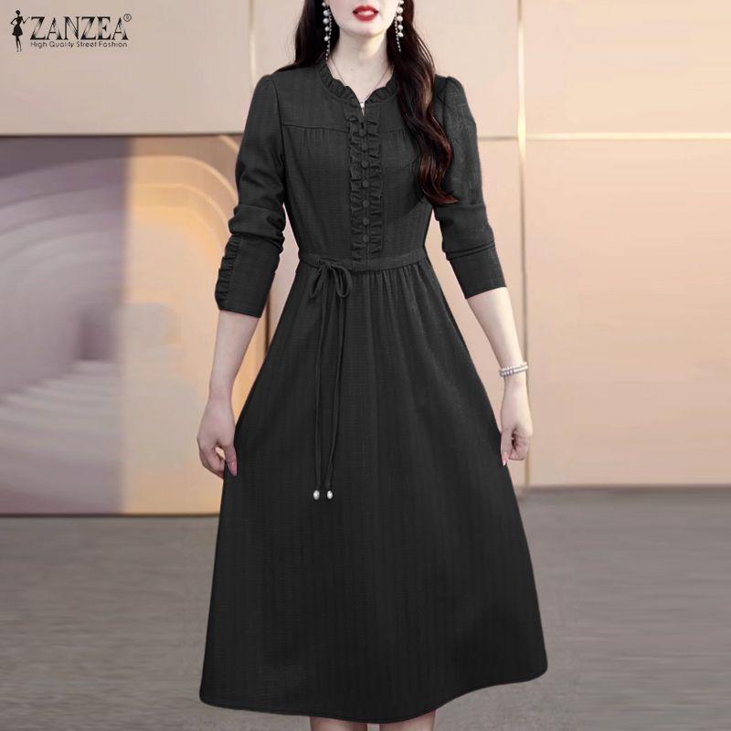 ZANZEA Lässiges, einfarbiges, langärmeliges Kleid mit Rundhalsausschnitt für Damen