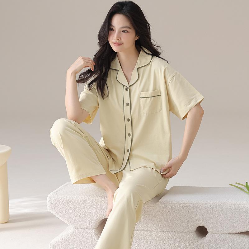 Lycra cotton couple pajamas summer pure cotton short-sleeved trousers loose and cool can be worn outside men's loungewear suit